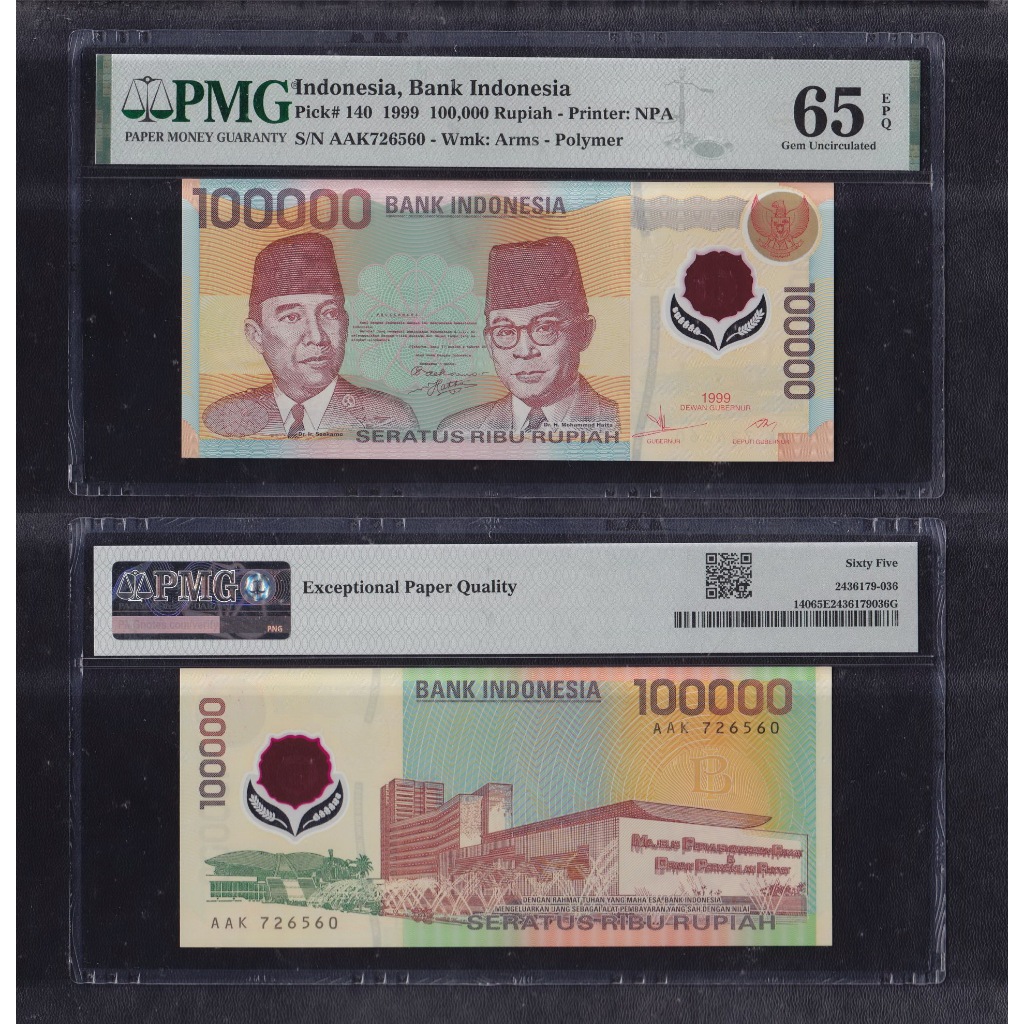 Uang kuno polymer PMG 65 EPQ - 100000 Rupiah tahun 1999 S/N AAK726560