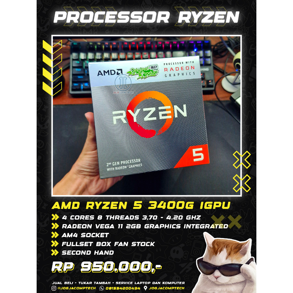 Processor AMD Ryzen 5 3400g 4 cores 8 threads 3.70-4.20 GHz IGPU radeon vega 11 2gb AM4 bukan Ryzen 