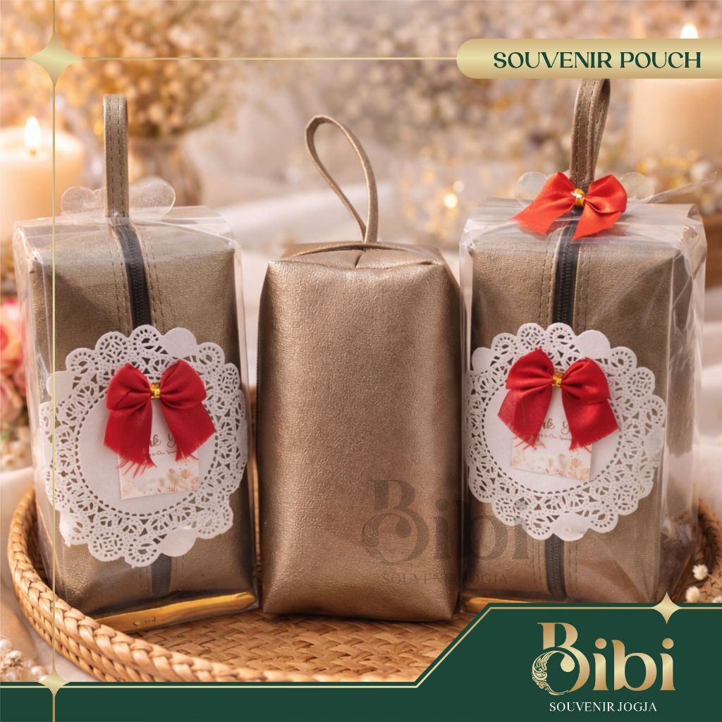 Souvenir pouch boxy pernikahan murah aesthetic bahan prada gliter & bottega bisa custom tas kosmetik