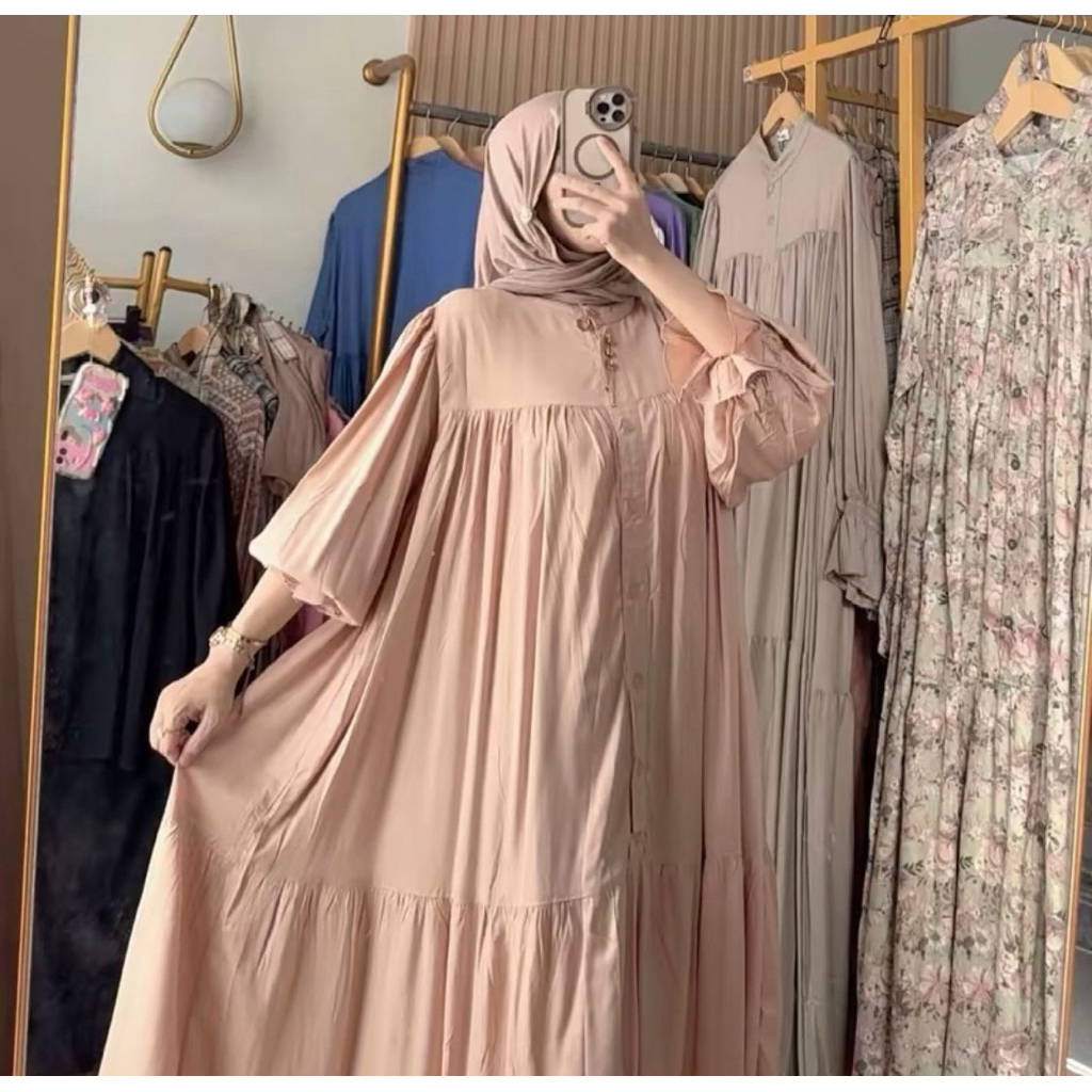 Midi Dress Lengan Balon polos Ld 120 Rayon Twill Dress Jumbo Terbaru Gamis median
