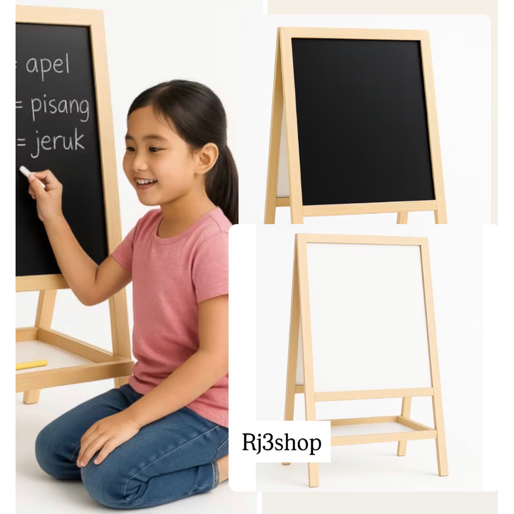 Papan Tulis Edukasi Anak 2 Sisi – Papan Hitam & Putih + Rak Alat Tulis | Model Berdiri Lipat