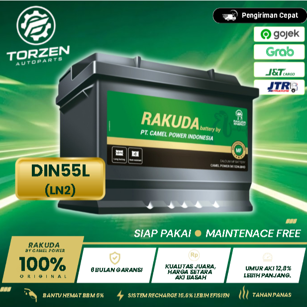 DIN55L LN2 (12V60AH) RAKUDA BY CAMEL POWER AKI KERING MOBIL MF Maintenance Free CCA Tinggi Aki Mobil