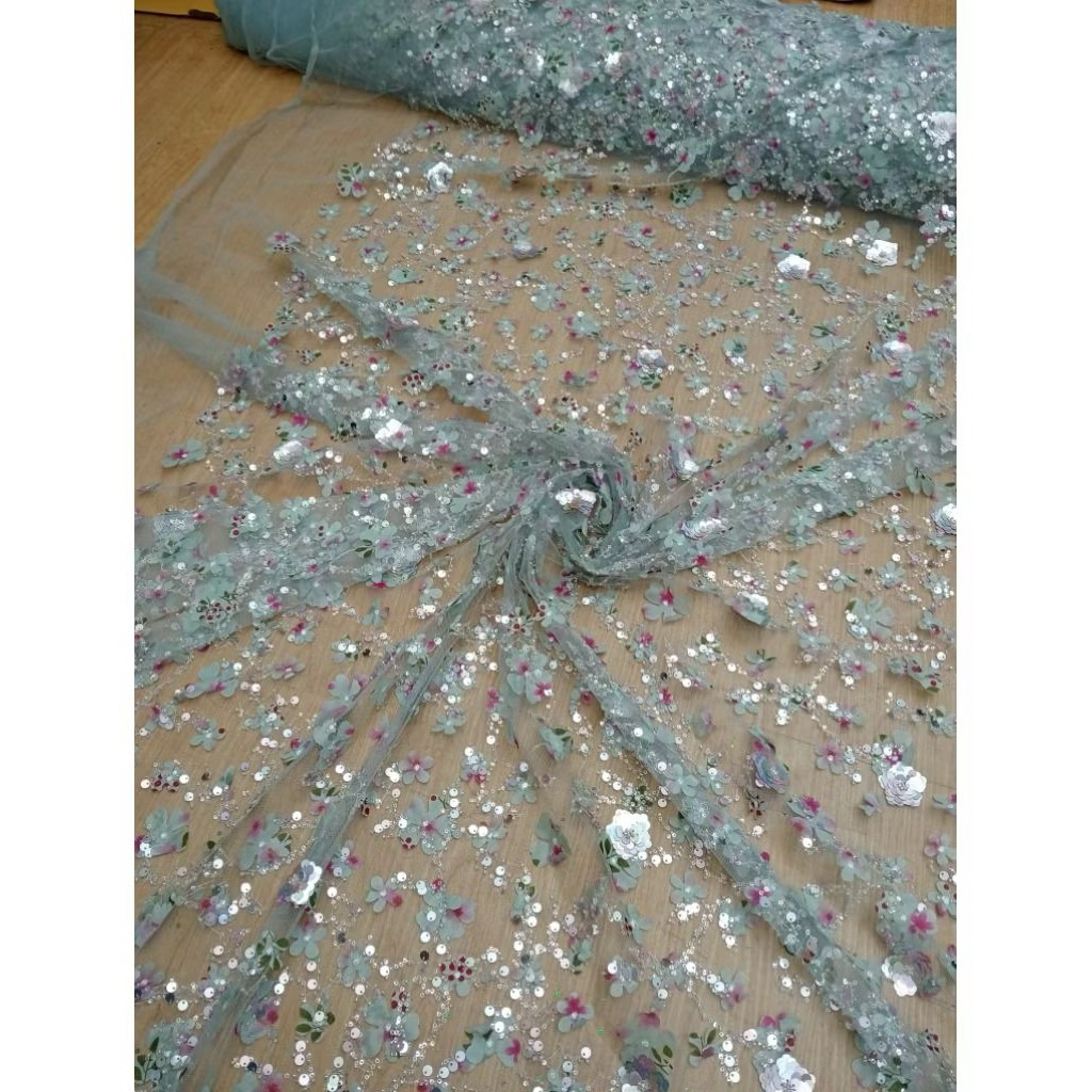 Bahan Tille spenggel bunga 3D ful payet/Kain mewah dan elegan/bisa buat kebaya atasan dan gaun,terus