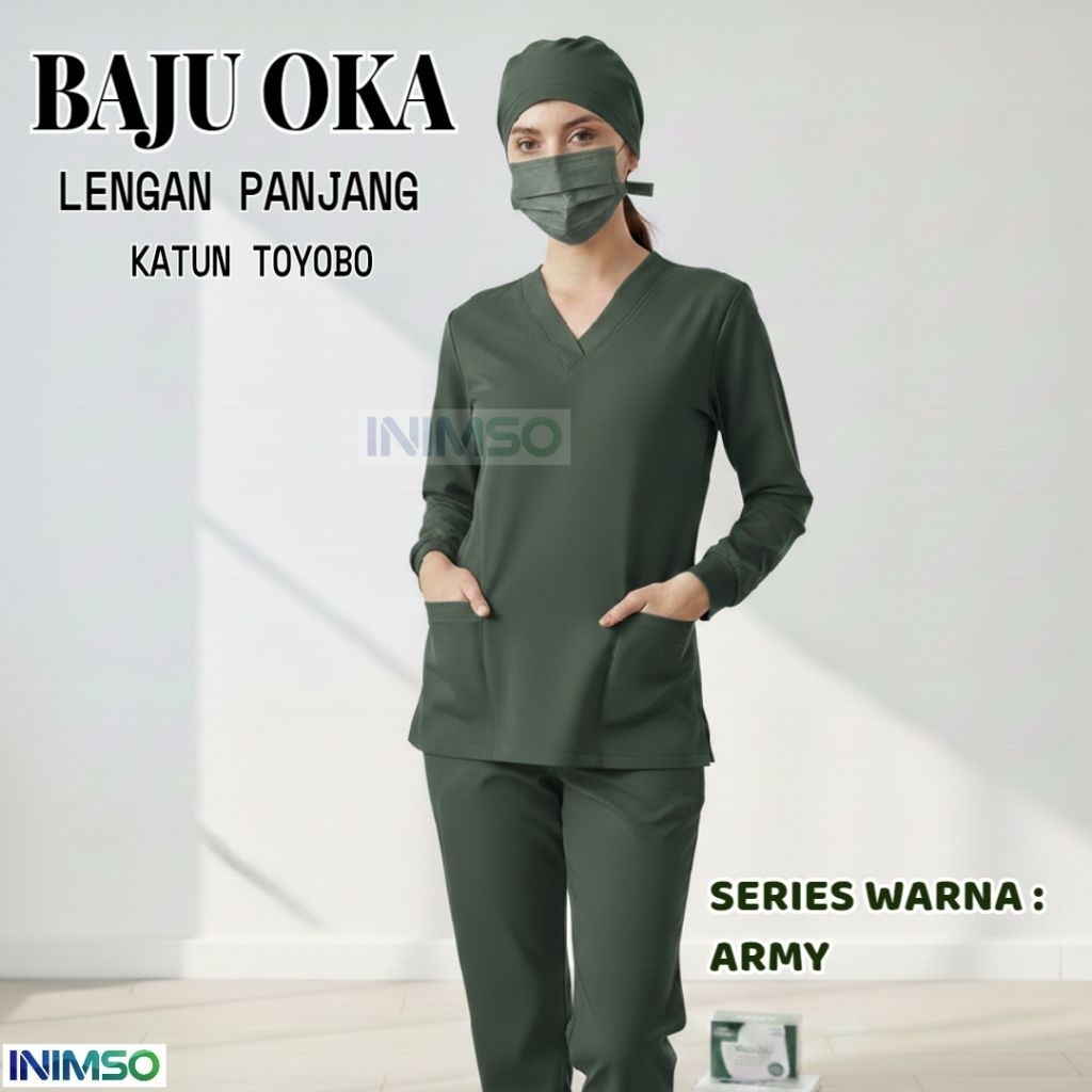 BAJU OKA baju jaga baju OK perawat bidan nakes dokter medical scrub lengan panjang warna ARMY bahan 
