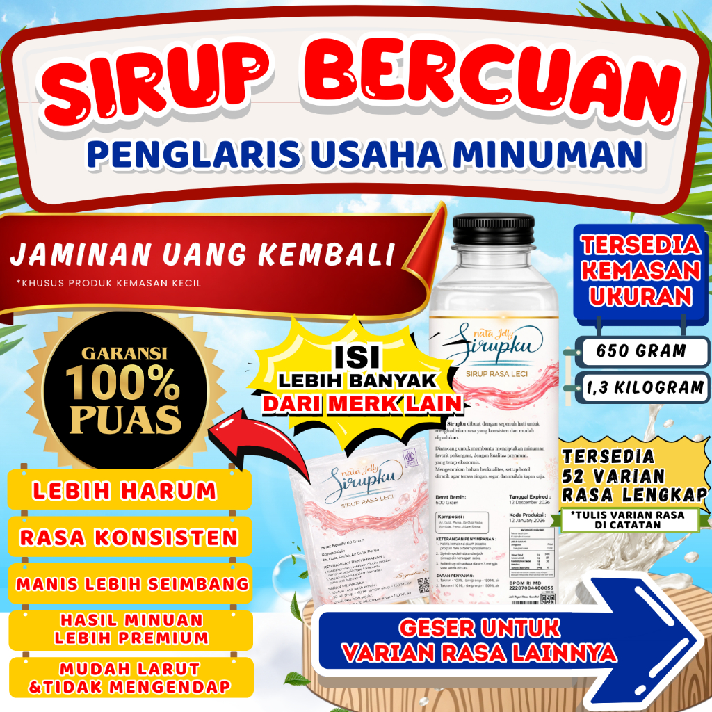 (1300Gram) Sirup Pandan Wangi Syrup  - Sirop Rasa Pandan Wangi  1.3Kg Gram Untuk Minuman | Nata Siru