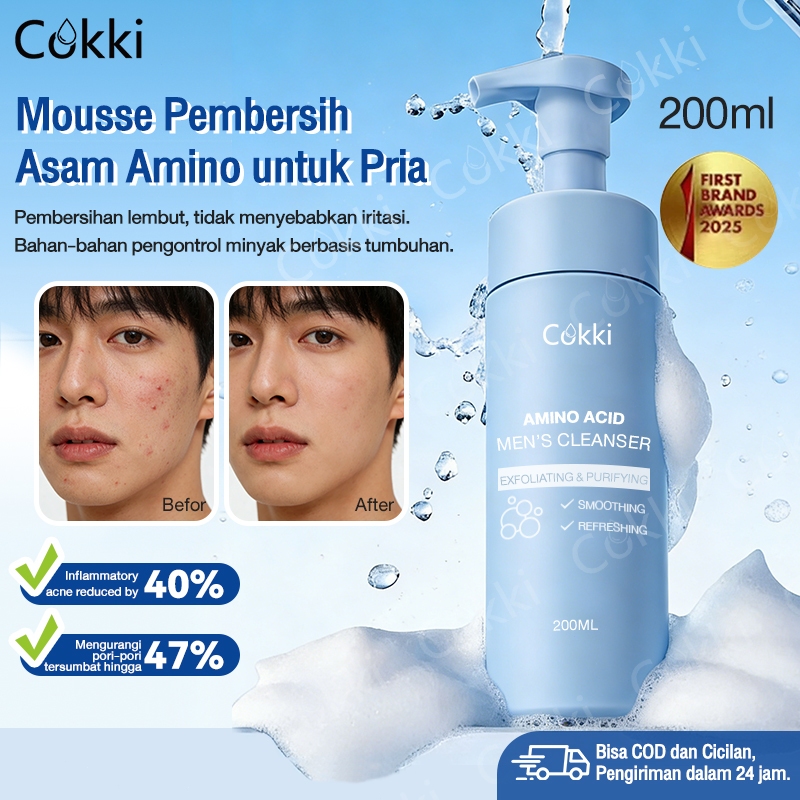 Bisa Cod Cokki Men's Amino Acid Cleansing Mousse 200ml Oil Control Clean Calming Down and Clear Faci