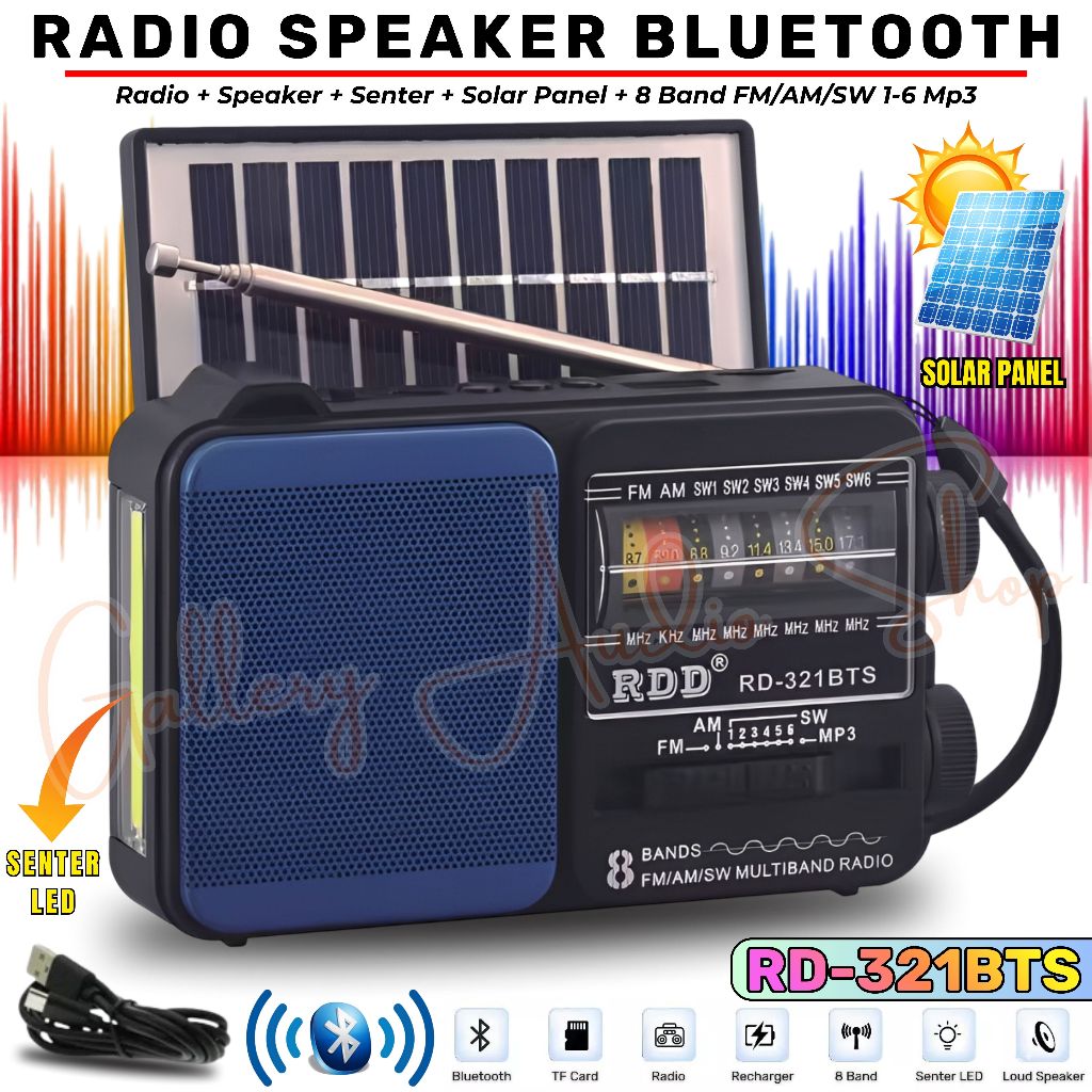 TERBARU~Radio Bluetooth Portable Full Bass RD-321BTS Ada Senter LED + Solar Panel | Speaker Radio Wi
