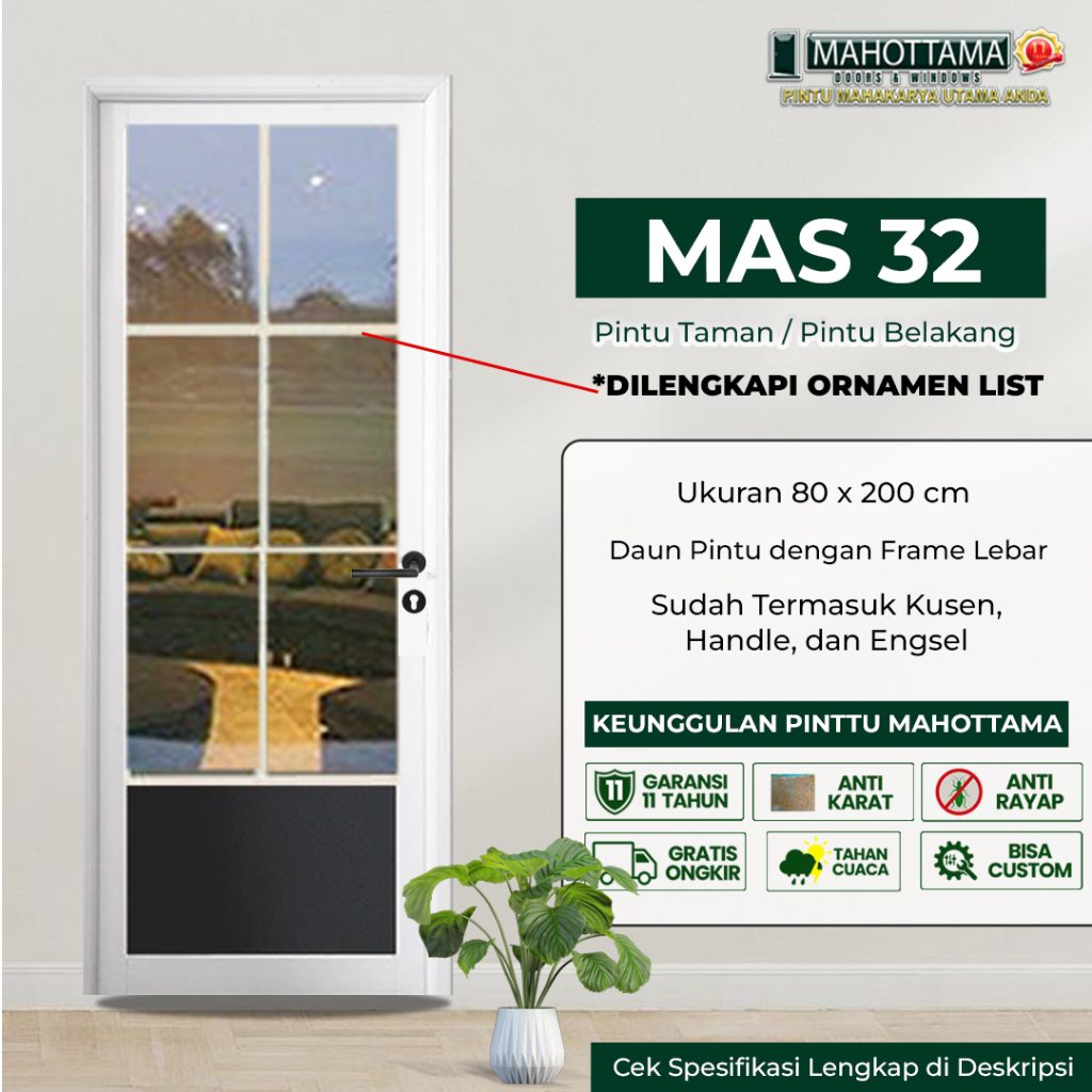 MAHOTTAMA MAS32 - Pintu Rumah Kamar Tidur Kaca Kamar Mandi Aluminium 80 x 200cm Utama 1 Set Kunci Ha