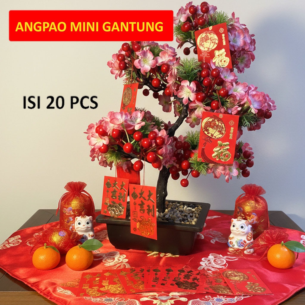 1 SET 20 PCS Angpao Mini Hoki Fuk Fu Pernikahan Lampion Angpao Tali Angpao Gantung Pohon Meihua Meih