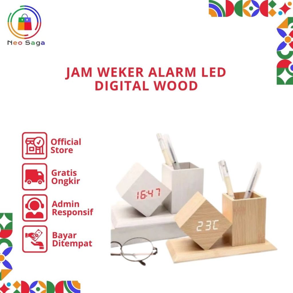 Jam Weker Alarm LED Digital Wood, Watch Meja Motif Kayu Tempat Pensil