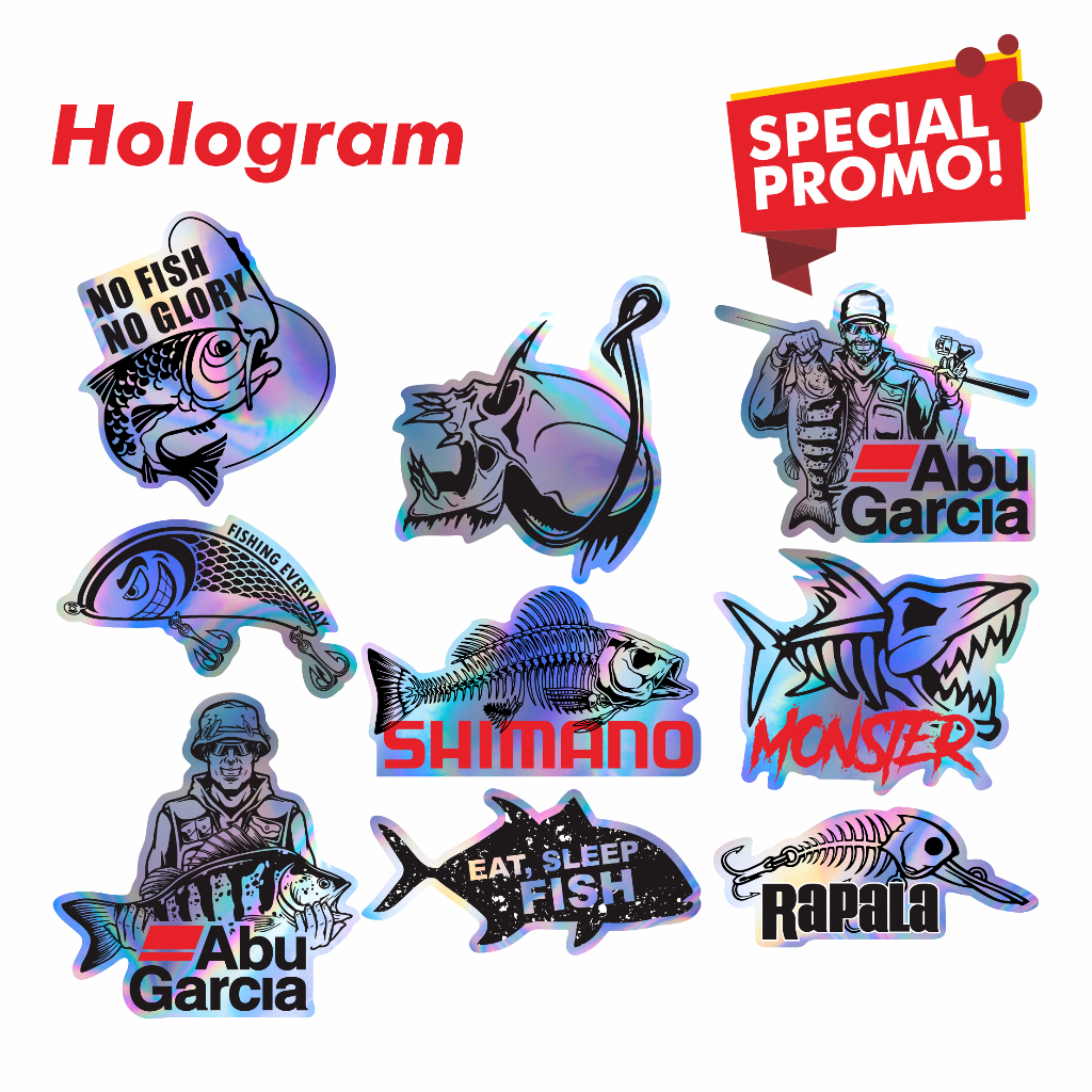 Stiker Tackle Box & Kayak Hologram Logo Brand Mancing Terkenal Premium 20