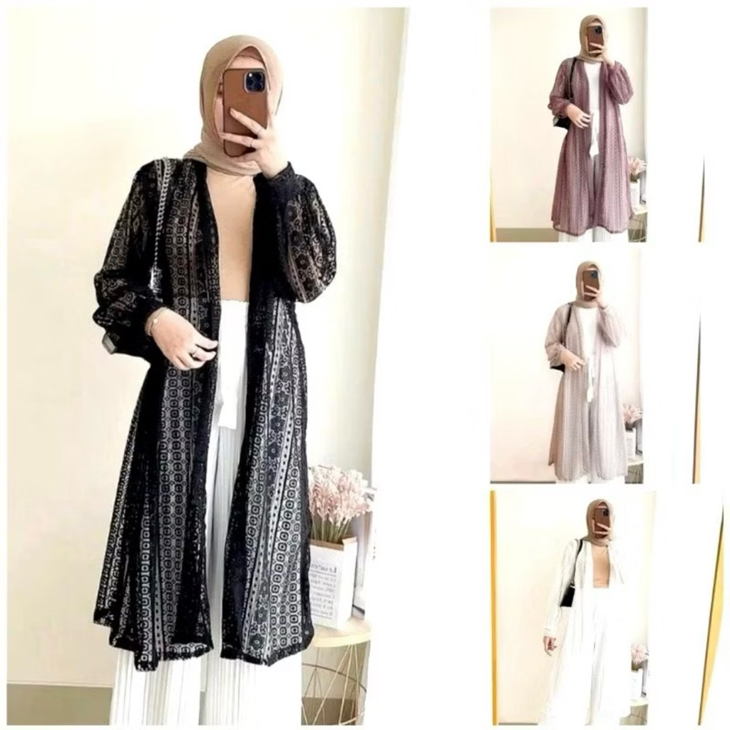 Outer Long Cardigan Brokat Lengan Panjang Baju Kondangan Wanita