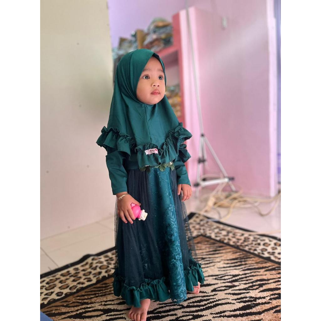 Gamis Anak Aisy Set Hijab HIJAU BOTOL SERIES  usia 0-5 Tahun