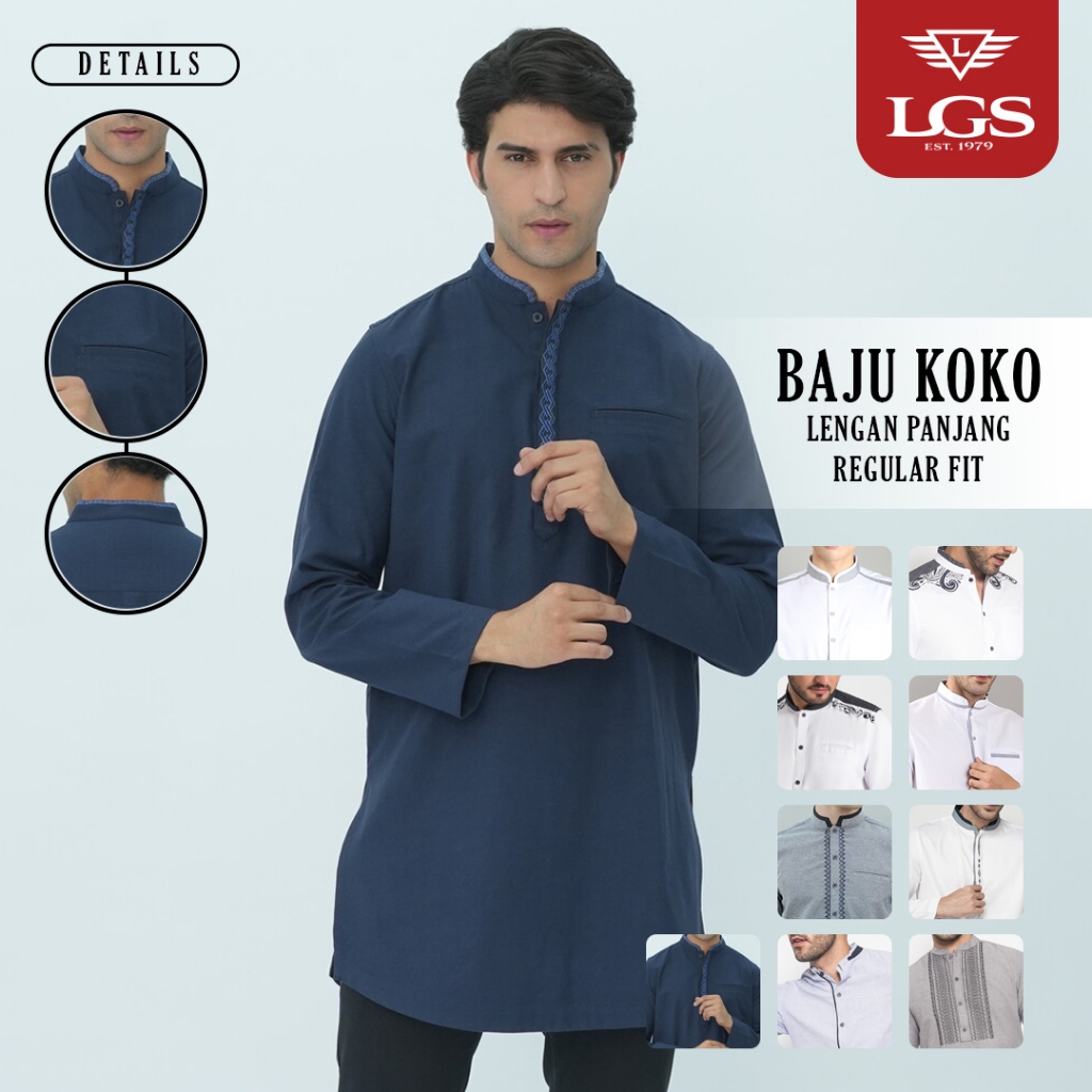 LGS - Baju Koko - Polos - Lengan Panjang - Regular Fit - Kerah Shanghai - Baju Muslim Pria Dewasa