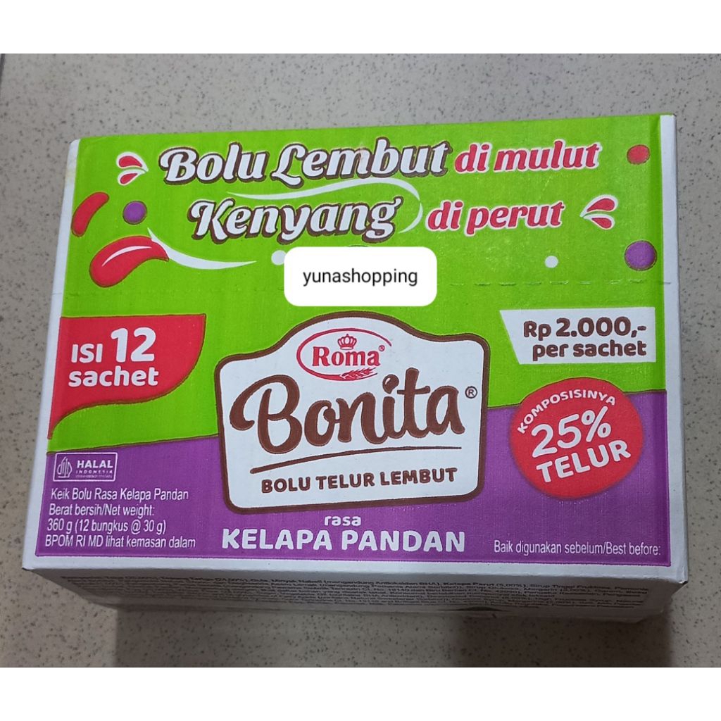 Bonita bolu rasa kelapa pandan 1 box isi 12pc