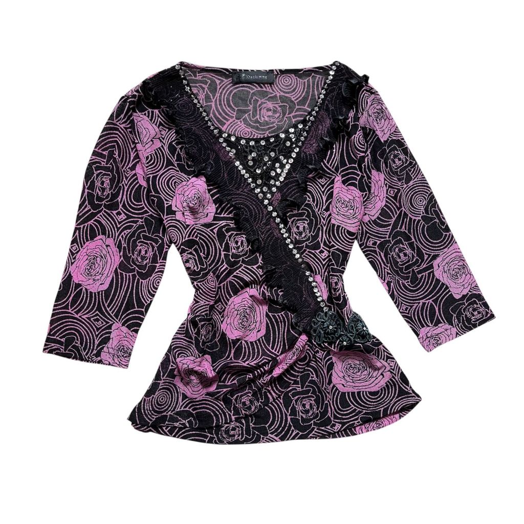 Paisley Floral Sequins Vintage Ruffled Scrunched Top | bohemian fairycore boho kuno etnik ethnic blu