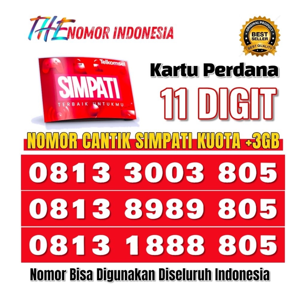 Kartu Perdana Cantik Simpati 11 DIGIT 4G/5G/LTE Seri 705/805/8055/5758/1922/168 Nomor Hoki | Kuota 3