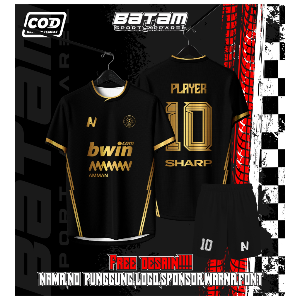 JERSEY FUTSAL / SEPAKBOLA FULL PRINTING HITAM GOLD KEREN BEBAS CUSTOM DESIGN FREE NAMA DAN NOMOR PUN