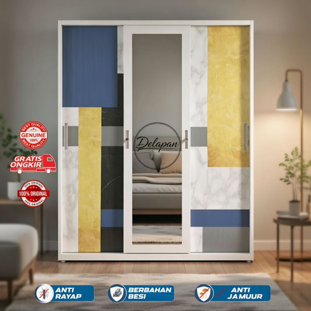 Lemari Baju Besi 3 Pintu Geser Minimalis Cermin Full Body