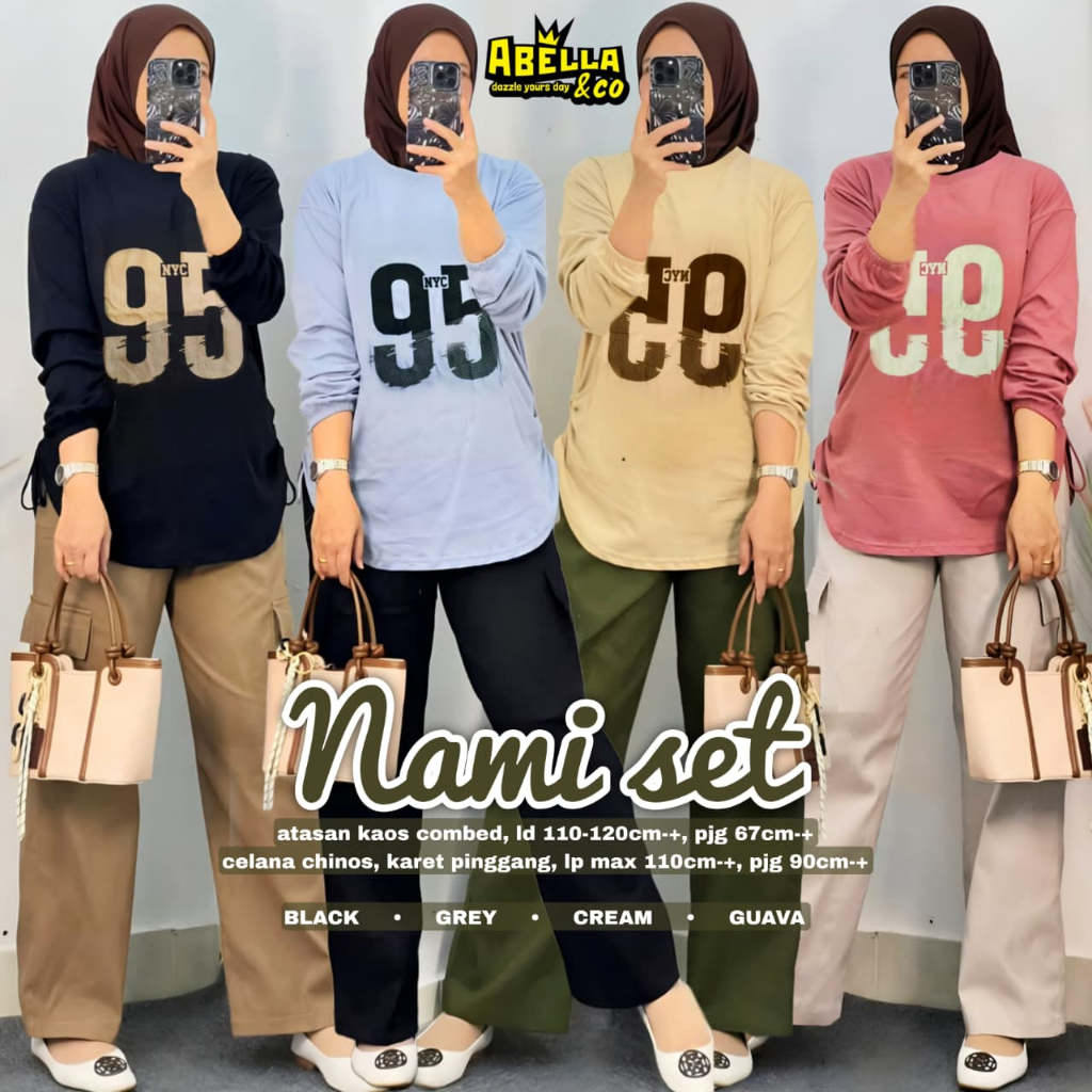 NAMI SET ORIGINAL BY ABELLA&CO BAHAN ATASAN KAOS COMBED CELANA CHINOS KARET PINGGANG