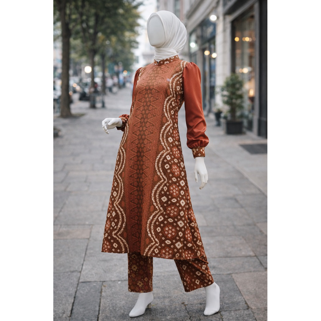 Setelan Abaya & Celana Jumputan Songket Palembang | Bahan Dolby Printing