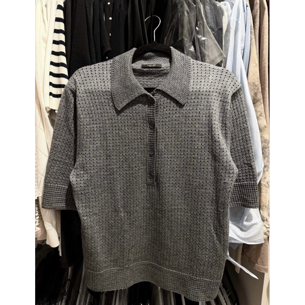 Massimo Dutti OPEN KNIT SWEATER WITH POLO COLLAR Grey