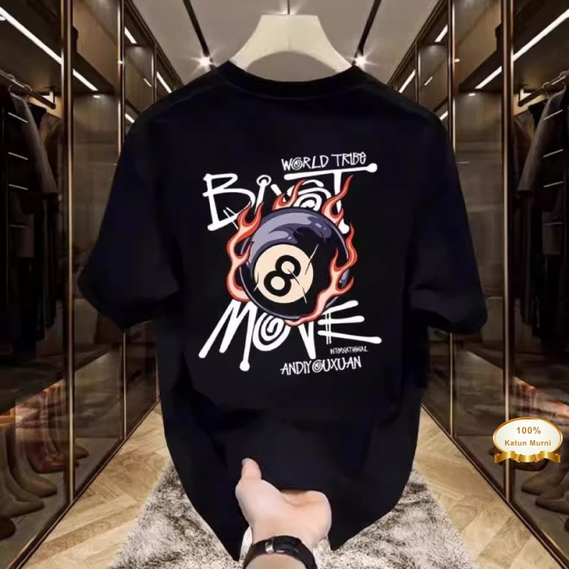 kaos pria distro original 100% katun ringan kerah bundar ukuran besar Polkadot Hitam 8 Api Polkadot 