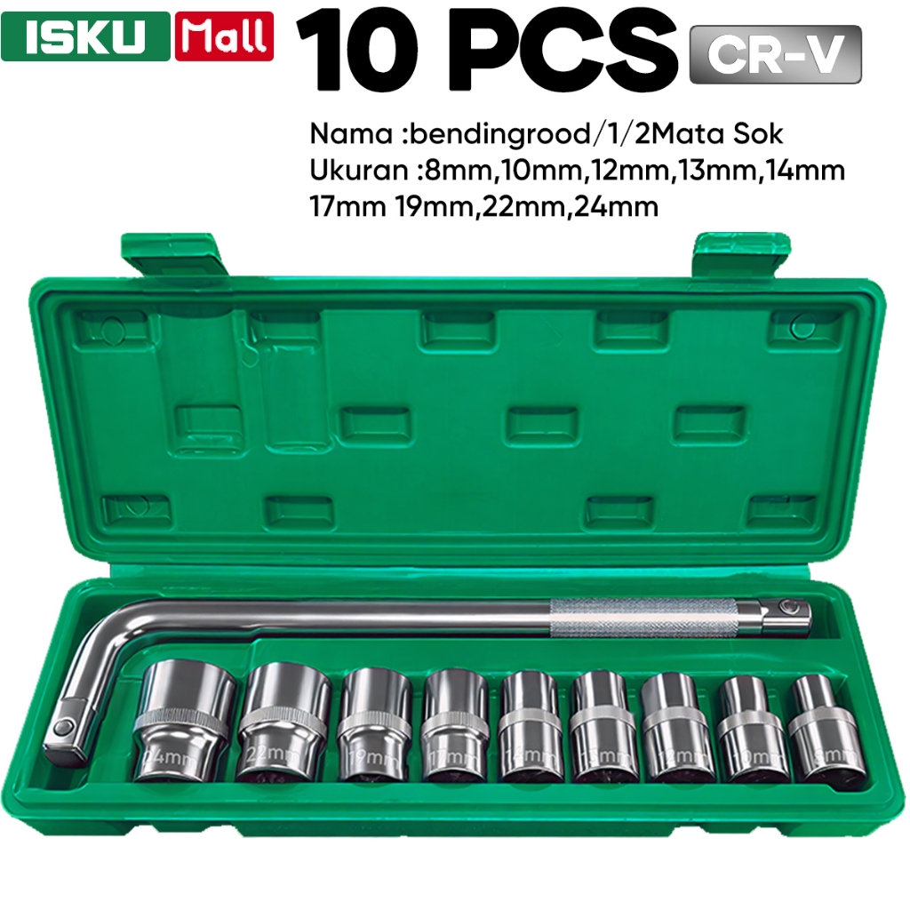 ISKU Kunci Sok Set 10 Pcs 1/2 Inch Gagang L Kunci Shock Socket Wrench Baja CR-V Tahan Banting Anti S