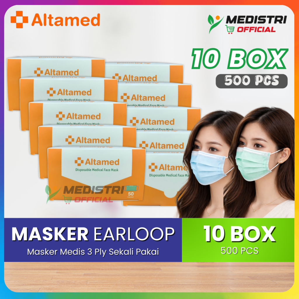 Masker Earloop 3 Ply Medis Box 50 Pcs Pria Wanita Altamed Biru Hijau Grosir