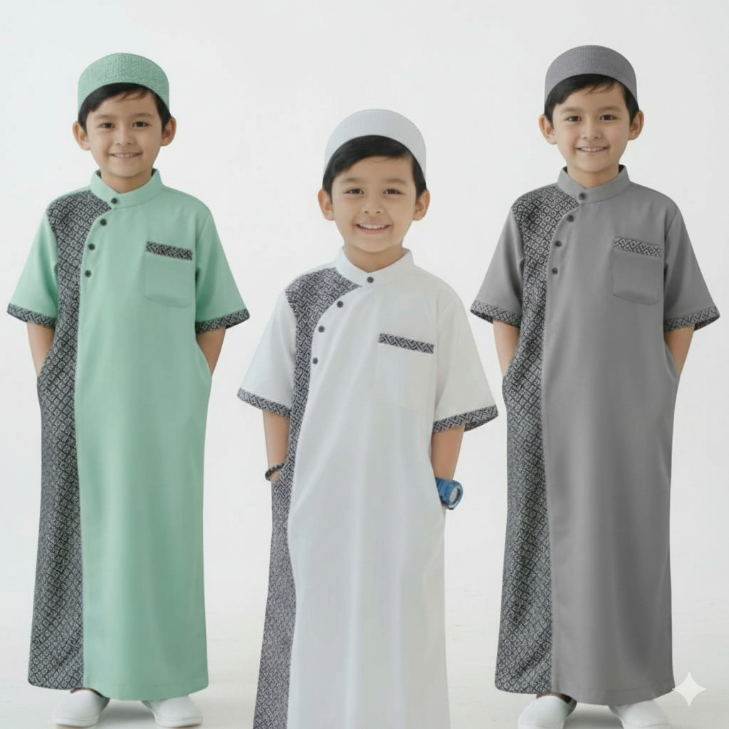 Jubah Gamis Anak Laki-Laki Model kombinasi batik usia 1-12 tahun Katun Mikro Adem, Nyaman Dipakai