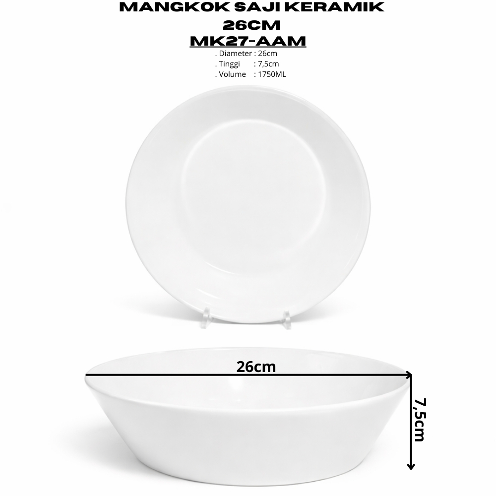 Mangkok Saji Keramik 26CM (1PCS) Putih Polos By Indo Keramik Mangkok Sayur Mangkok Besar Mangkok Res