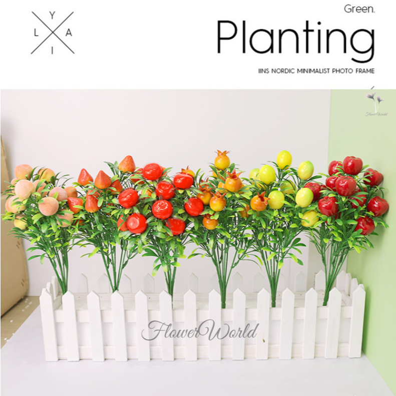 [FlowerWorld]Tanaman Buah 6 Cabang Plastik Artifcial Jeruk Stroberi Lemon Apel / Buah Buahan Bunga T