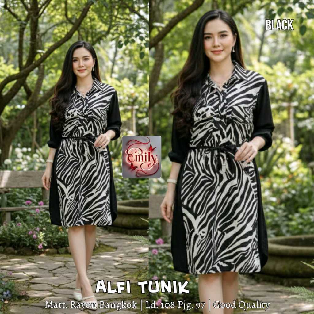 ALFI TUNIK Wanita Original Emily Matt Rayon Bangkok Premium Motif Zebra Print Hitam Putih (Black Whi