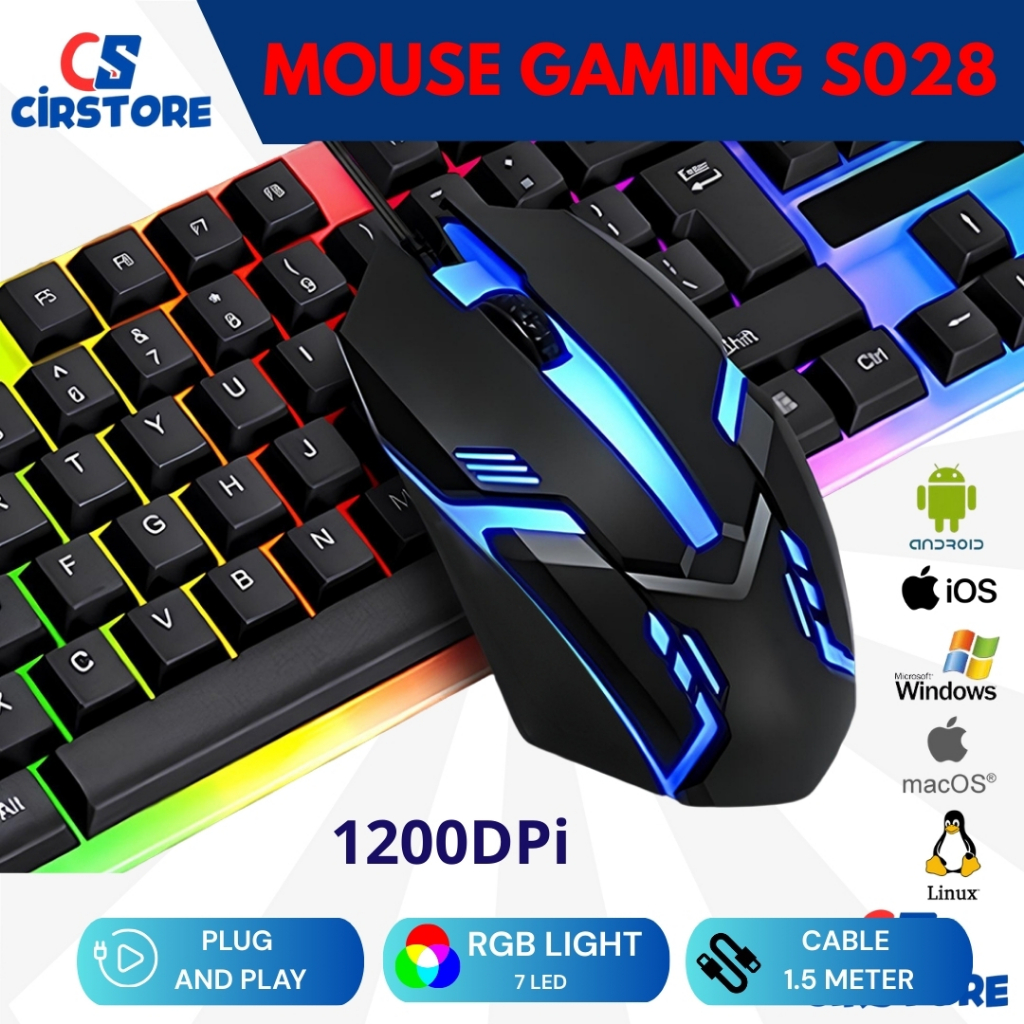 Mouse Kabel Gaming S028 MOUSE KABEL GAMING / MOUSE GAMING LED 7 LAMPU RGB GAMING MOUSE 1200DPI MOUSE