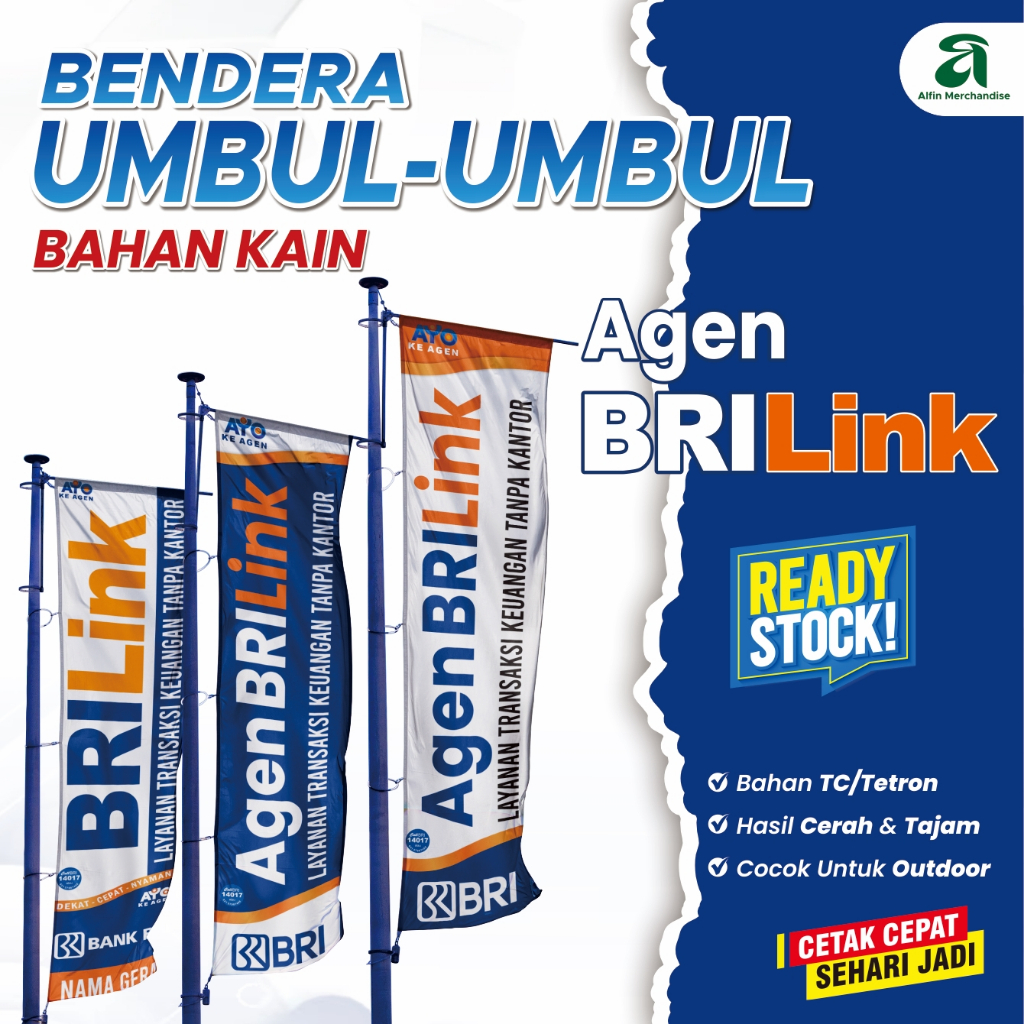 Cetak Umbul-Umbul BRI Link, Agen BRI, ATM Mini | UMBUL Murah | Kain TC/Tetron Full Printing