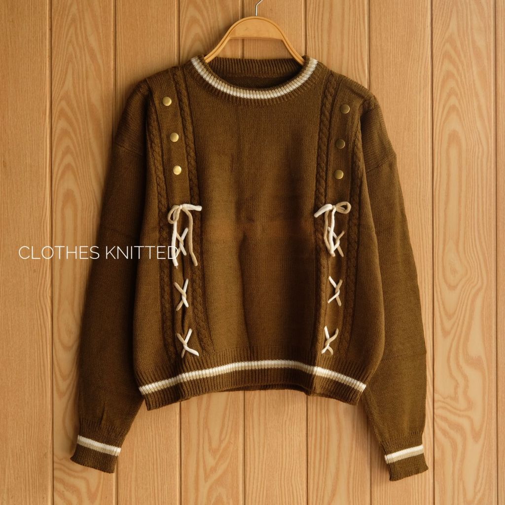 Sweater Rajut Cable Motif Tali Kancing Depan Wanita Lengan Panjang
