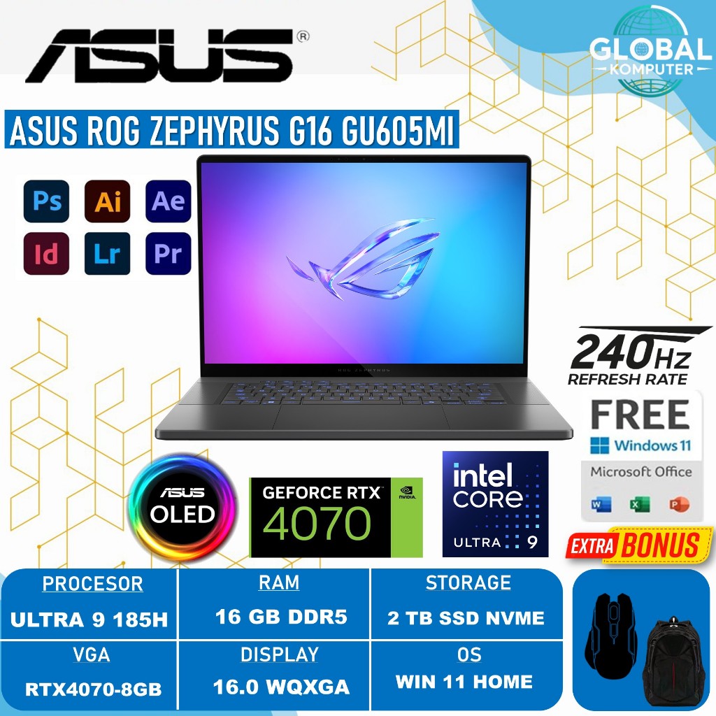 Laptop Asus ROG ZEPHYRUS G16 GU605MI INTEL CORE ULTRA 9 185H 16GB DDR5 2TB RTX4070-8GB 16.0 OLED