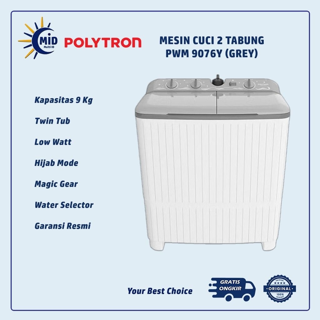 POLYTRON Mesin Cuci 2 Tabung 9 Kg PWM 9076 Y | PWM 9076 G | Mesin Cuci Polytron 9 KG | Mesin Cuci 2 