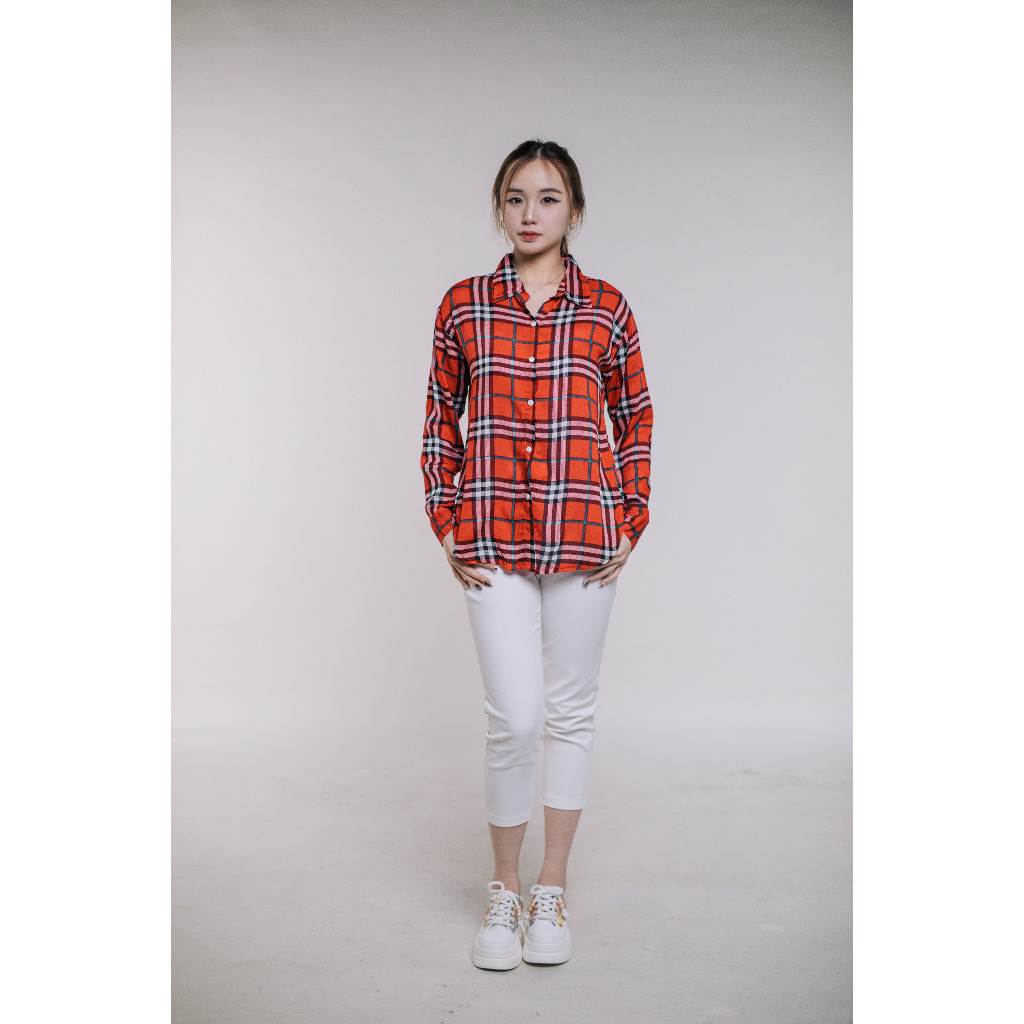 kemeja kotak casual / kemeja rayon wanita motif kotak kotak lengan panjang