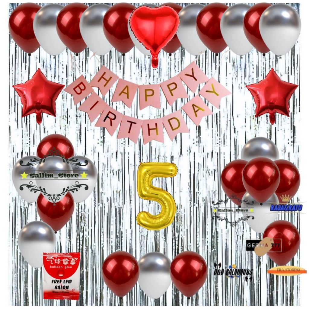Set Dekorasi Hiasan Balon Pesta Ulang Tahun Anak Banner Happy Birthday Tirai Foil Ultah Silver