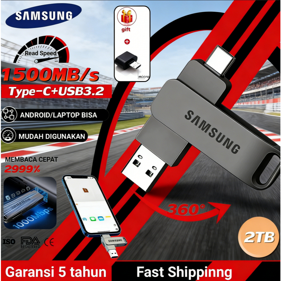 Samsung TYPE-C Flashdisk 1TB/2TB OTG USB3.0+Type C Kecepatan Tinggi untuk Ponsel Android/PC/Laptop/A