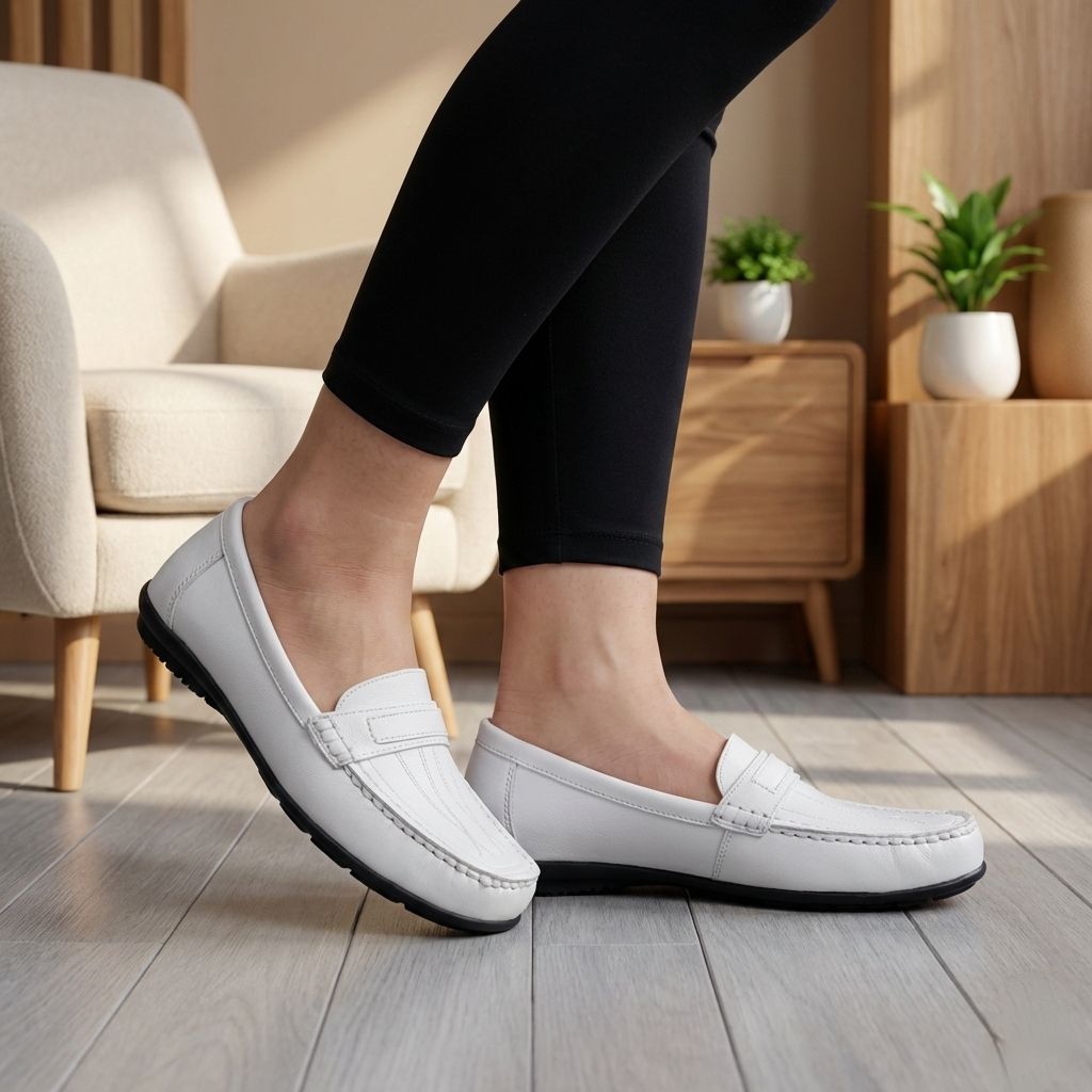 Sepatu Pantofel Flat Wanita Kulit Sintetis Elegan Full putih