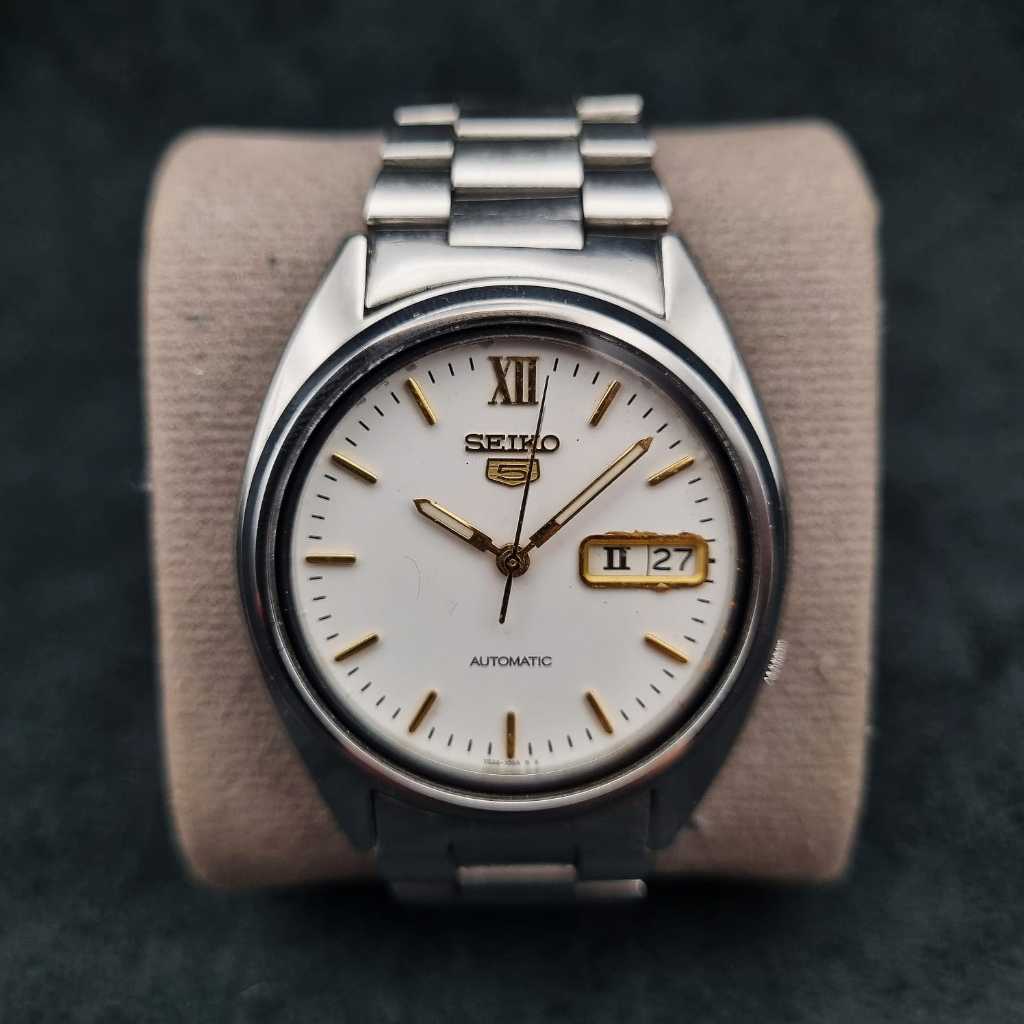 Seiko 5 Automatic 7S26-8760 Gold Index White Dial Jam Tangan Pria Original Bekas Ori