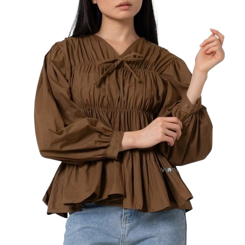 Mireya Blouse Kerut Rayon Twill Atasan Wanita Polos Kerut Dada