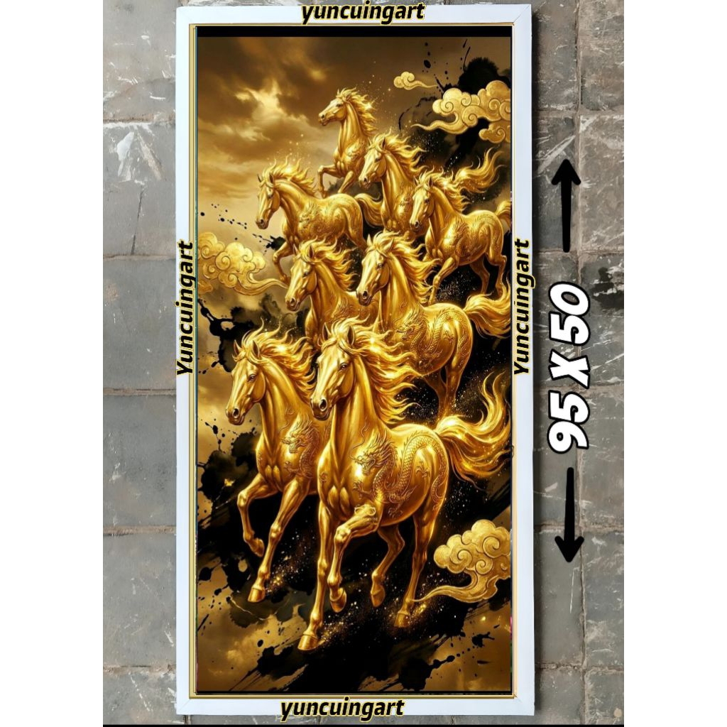 hiasan dinding lukisan cetak kuda 8 lari fengsui potrait plus bingkai ukuran 95*50