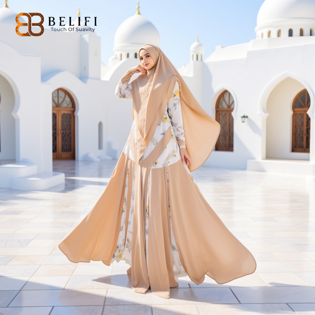 BELIFI | Shafa Luxury Set - Gamis Syari Elegan Premium Dengan Khimar Motif Floral Kombinasi