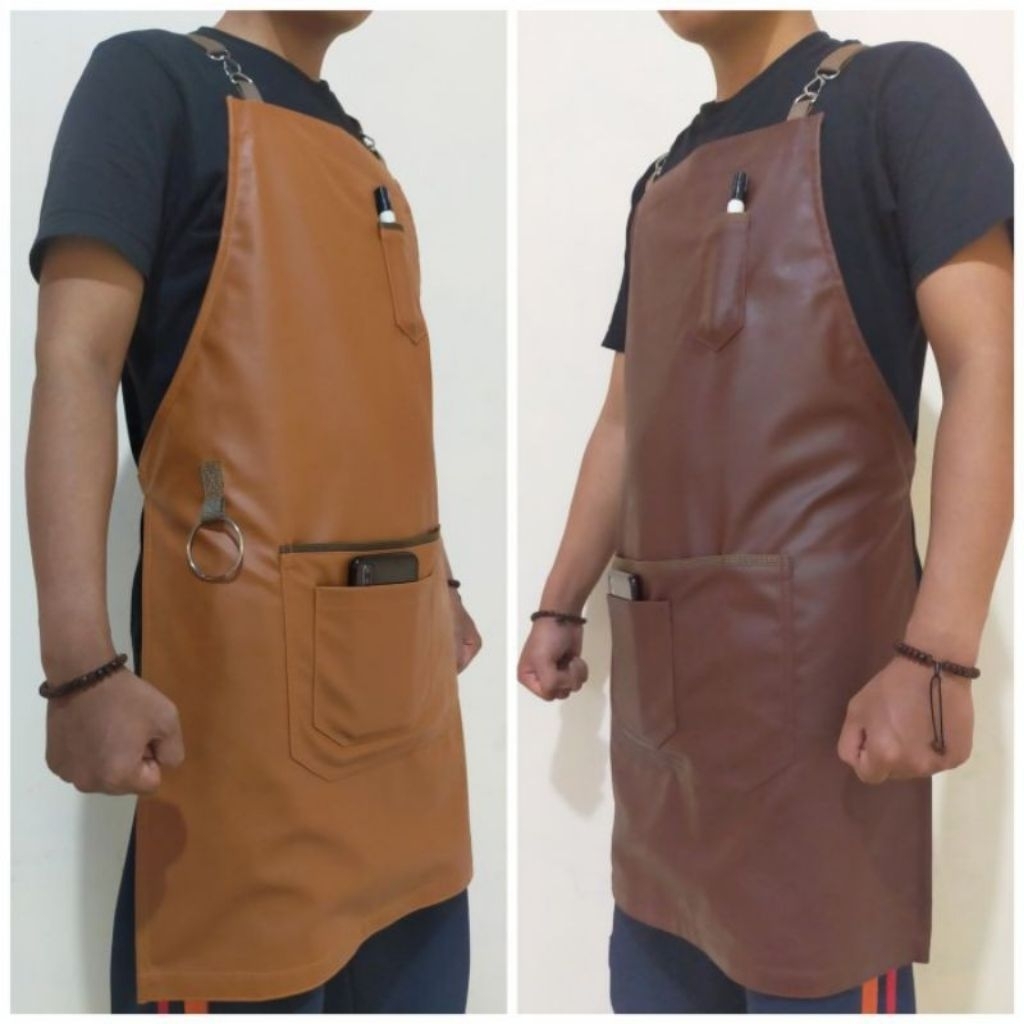 APRON BARISTA KULIT, CELEMEK KULIT, APRON WATERPROOF, CELEMEK MULTI FUNGSI.