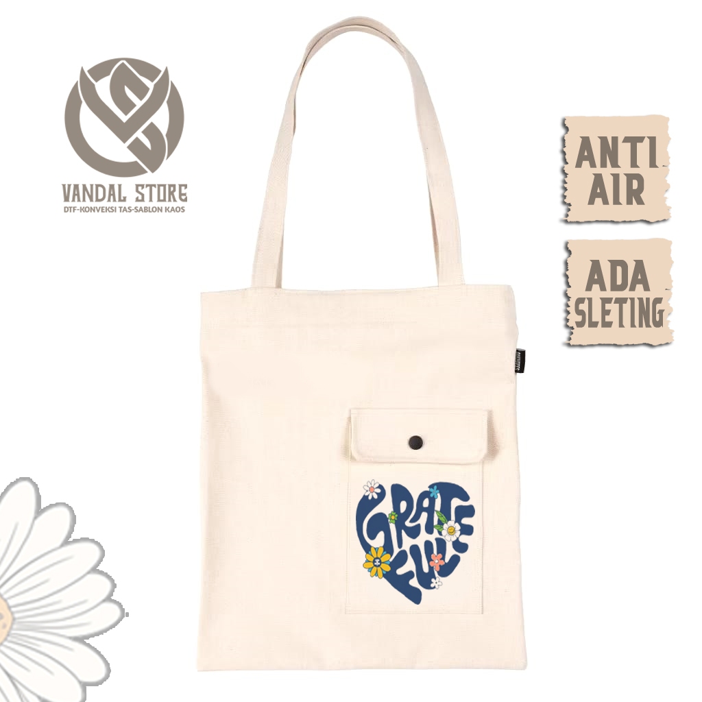 OAKHOPES Tas Totebag Kanvas Pria Wanita Resleting Slot Saku 30x40 Putih