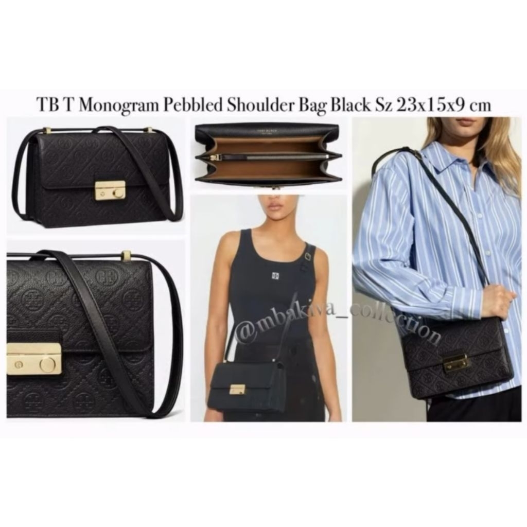 TB Monogram Pebbled Shoulder Bag Black