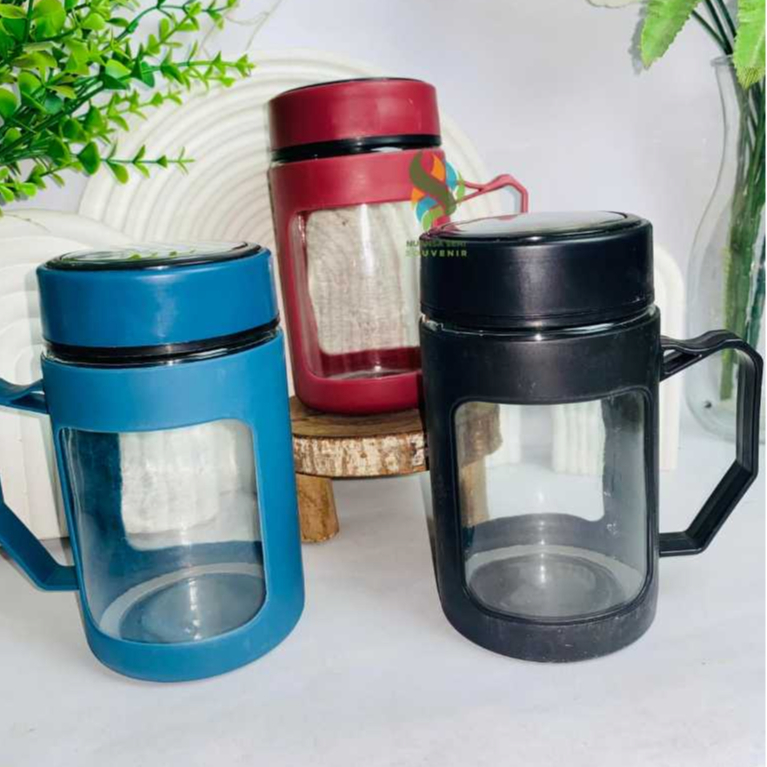 Mug Kaca Gelas Warna Kaca Cangkir Tutup Mug Gelas Kaca Gagang Cover Plastik Shell 500ml